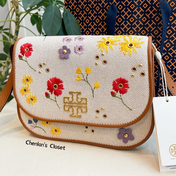 ✨🎀NeW! Tory Burch Britten Floral Small Canvas Saddle Bag - Picture 4 of 12